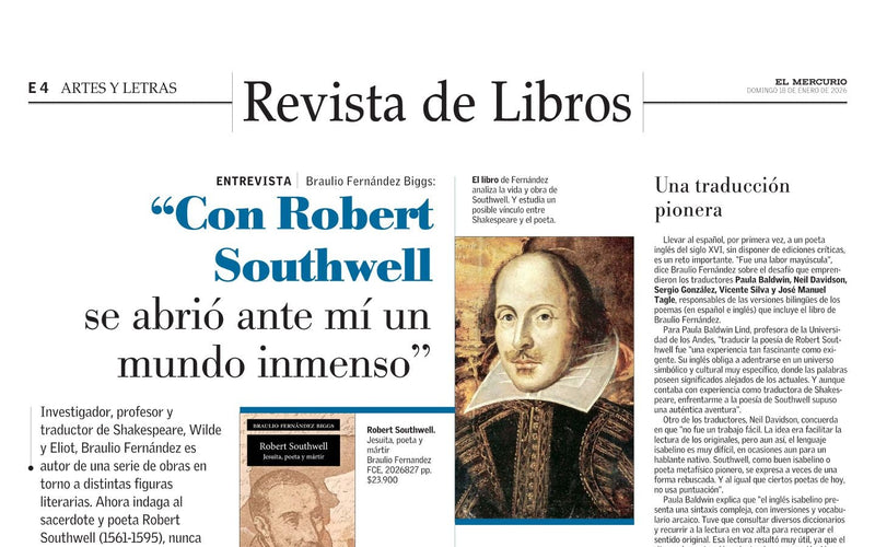 Artes y Letras, El Mercurio: "Con Robert Southwell se abrió ante mi un mundo inmenso"